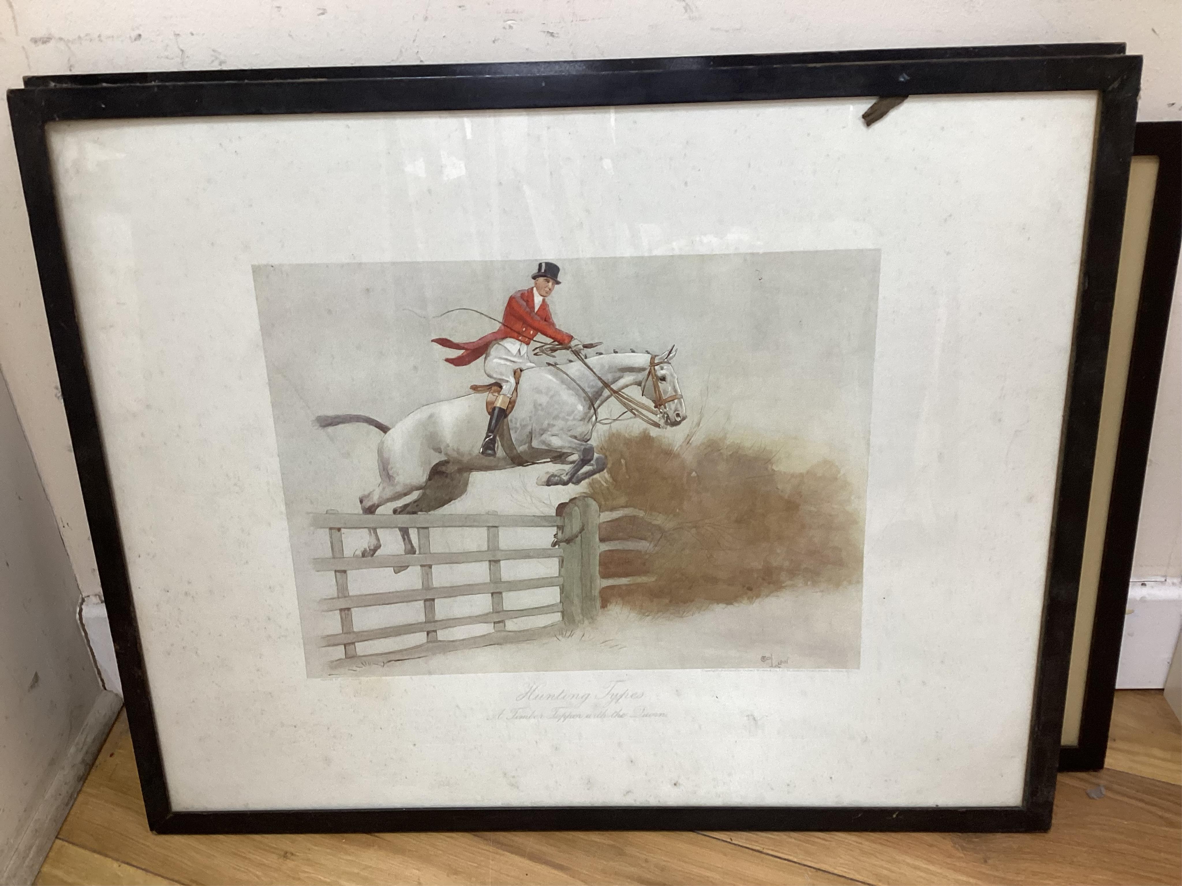 Four hunting interest prints after Snaffles, Munnings and Aldin to include ‘The Finest View in Europe’ and ‘The Huntsman’, largest 54 x 74cm